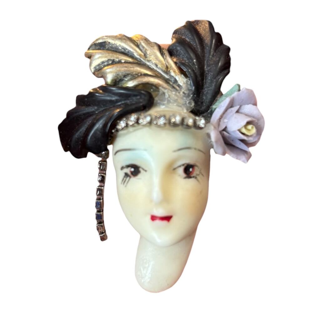Vintage Figural Woman Face Brooch Rhinestone Feather Hat Dangle Art Deco Style